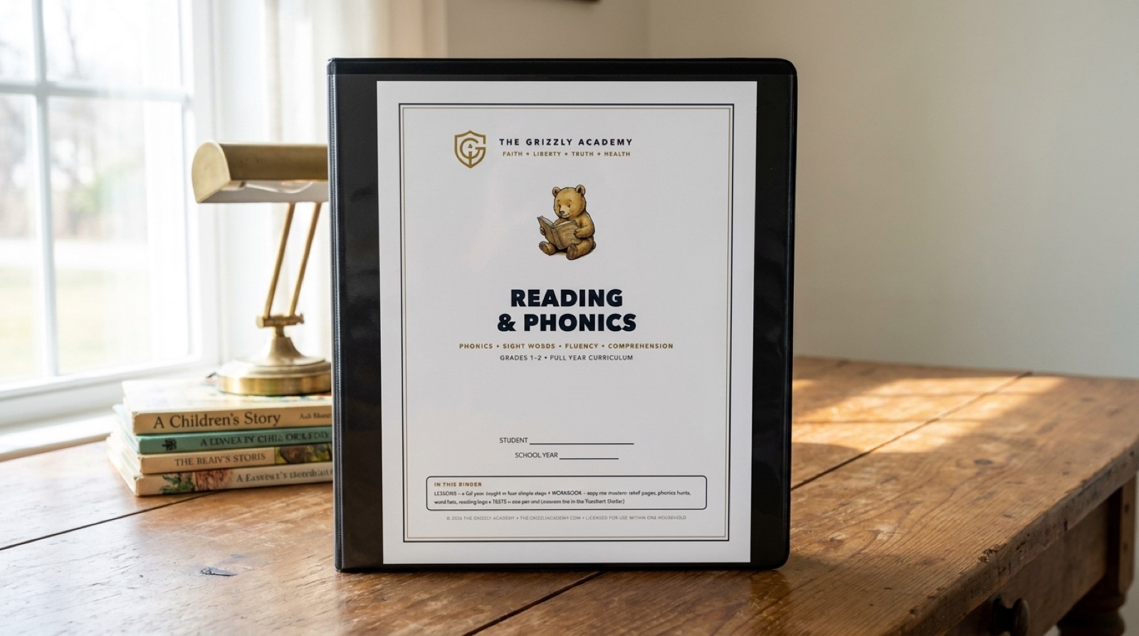 Reading and Phonics homeschool binder with bear cub cover