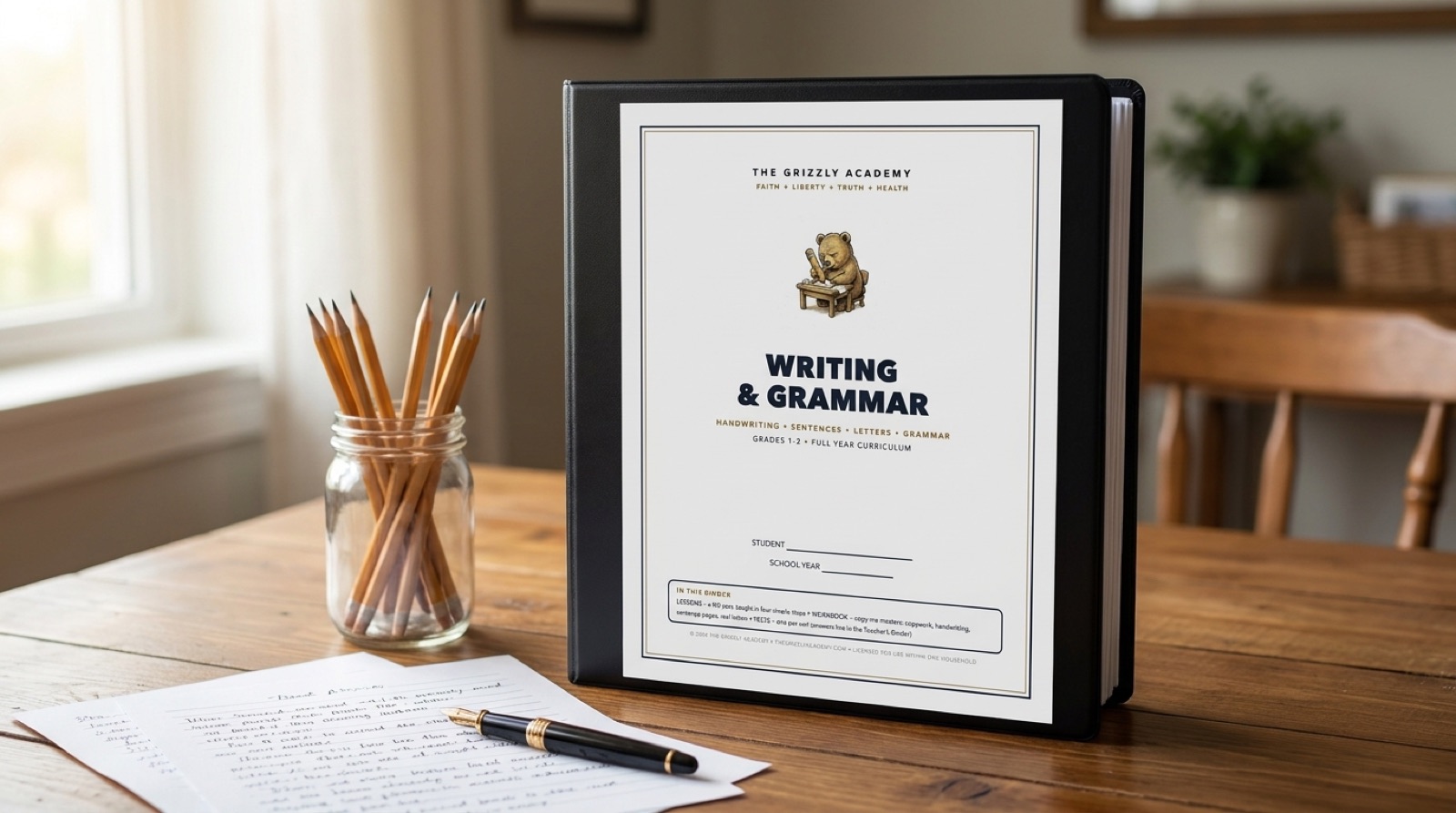 Writing and Grammar homeschool binder with bear cub cover
