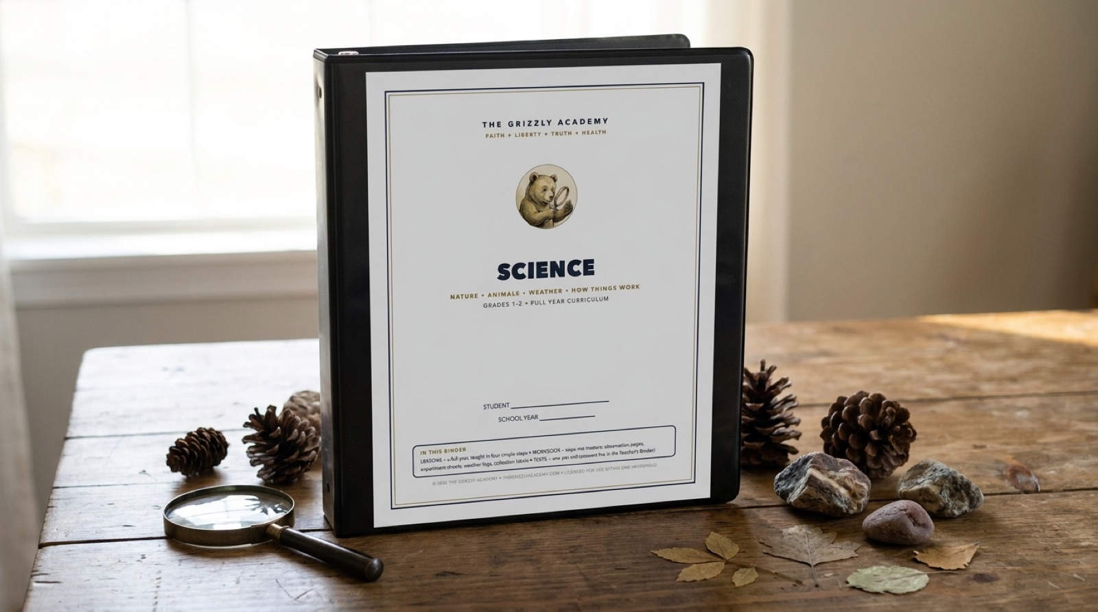 Science homeschool binder with bear cub cover