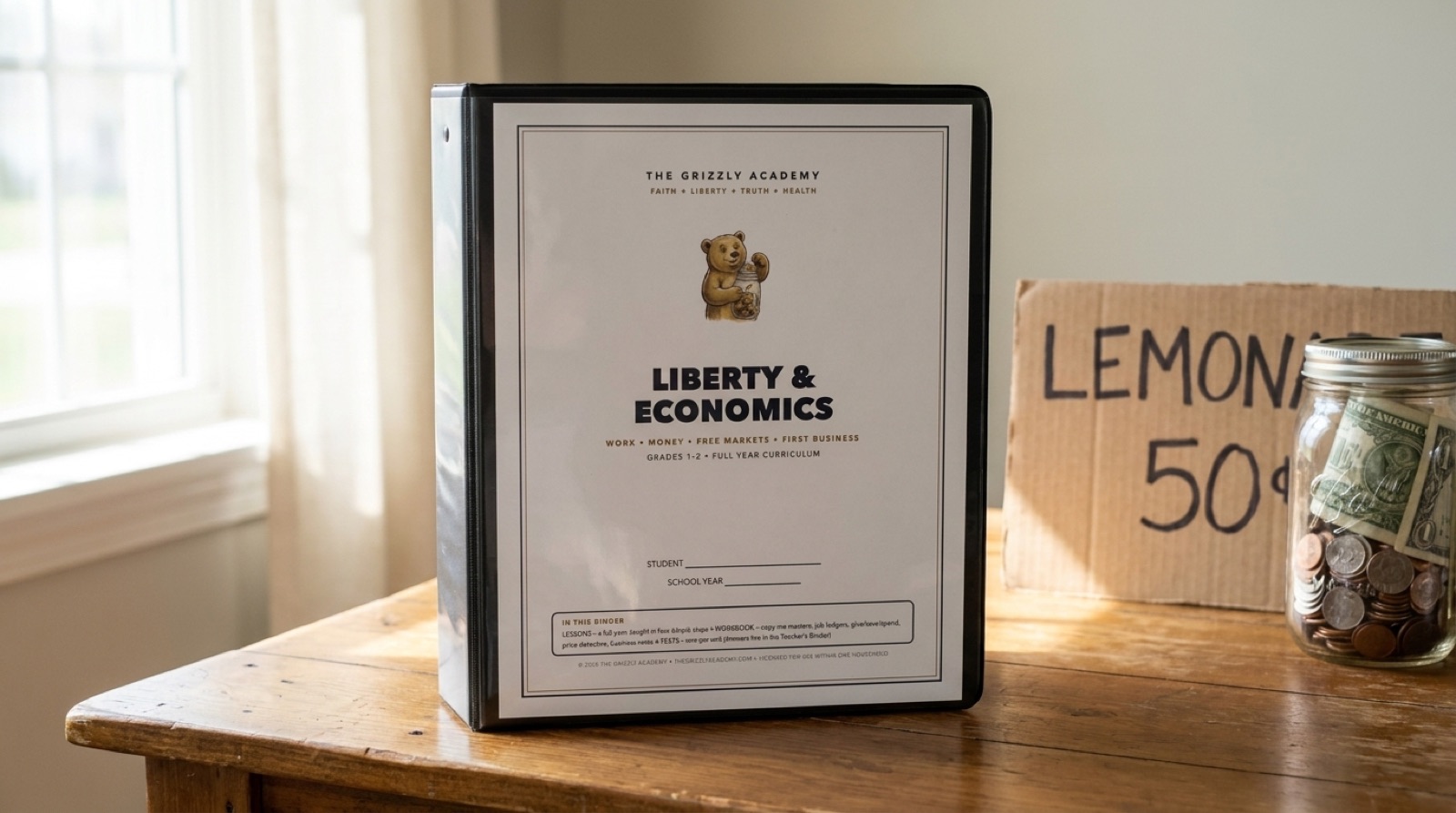 Liberty and Economics homeschool binder with bear cub cover