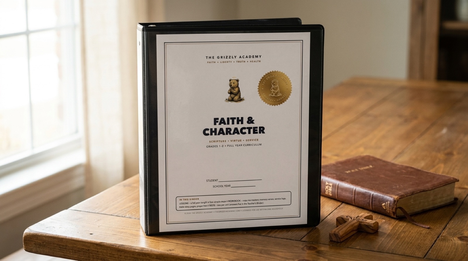 Faith and Character homeschool binder with bear cub cover